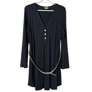 Beach Star Medium, Navy Blue, Long Sleeve Abalone Shell Buttons Dress Cover Up